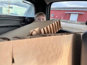 Boy helping grandparents pick up cardboard.